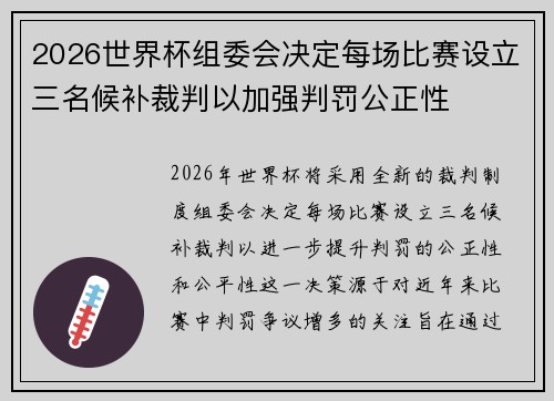 2026世界杯组委会决定每场比赛设立三名候补裁判以加强判罚公正性